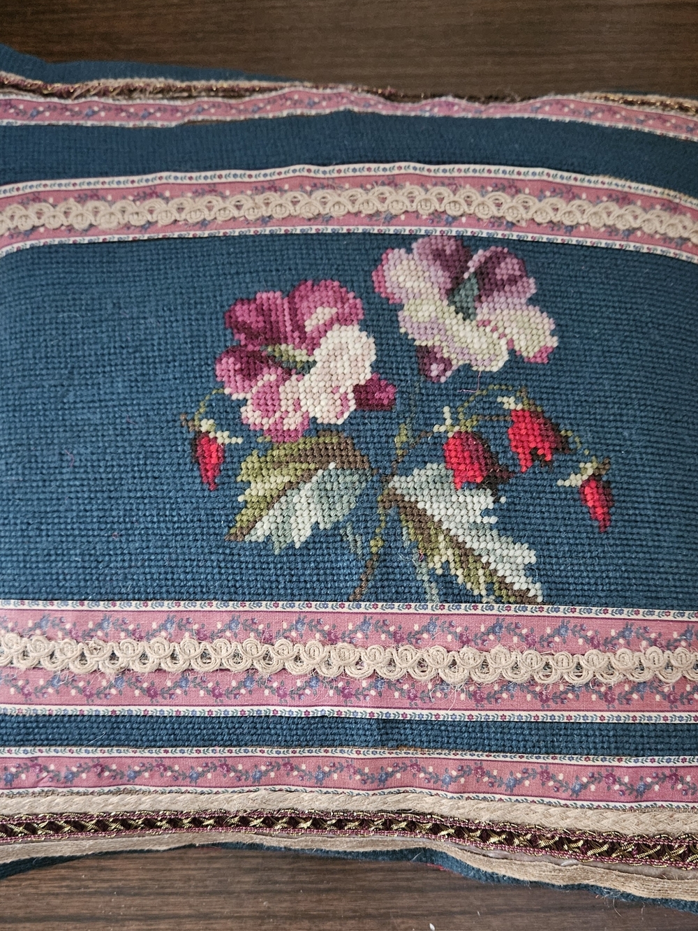 Embroidered Floral Needlepoint Pillow Teal, Pink & Red